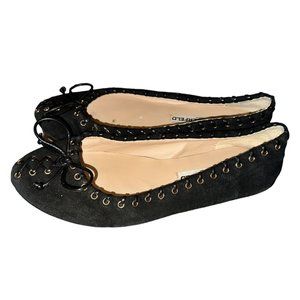 Karl Lagerfeld Lebois Black Suede Ballet Flats Leather Laces Rivets Size 6.5M